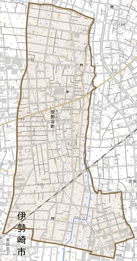 間野谷町とその周辺の地図。町の範囲を重ねている