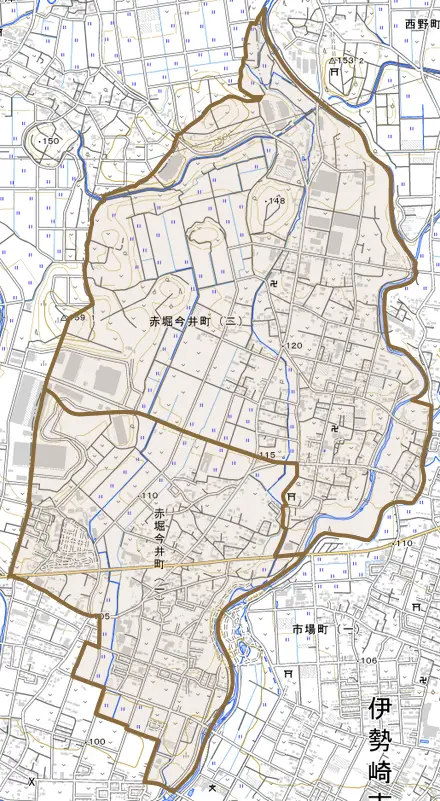 赤堀今井町とその周辺の地図。町の範囲を重ねている