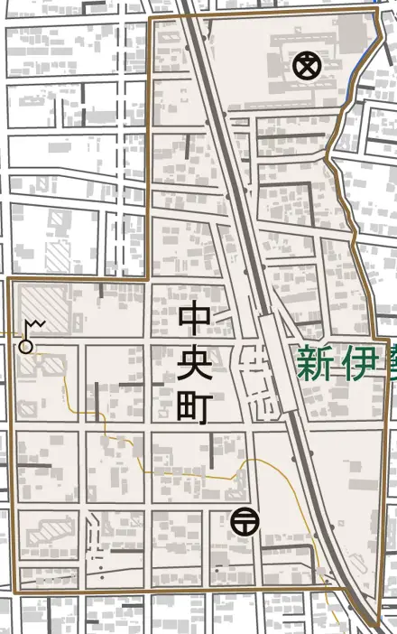 中央町とその周辺の地図。町の範囲を重ねている