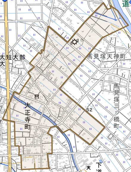 大正寺町とその周辺の地図。町の範囲を重ねている