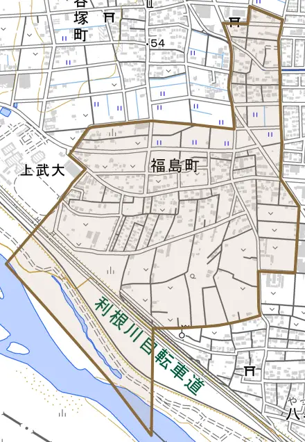福島町とその周辺の地図。町の範囲を重ねている