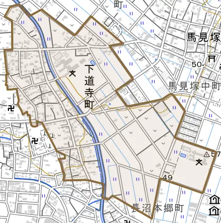 下道寺町とその周辺の地図。町の範囲を重ねている