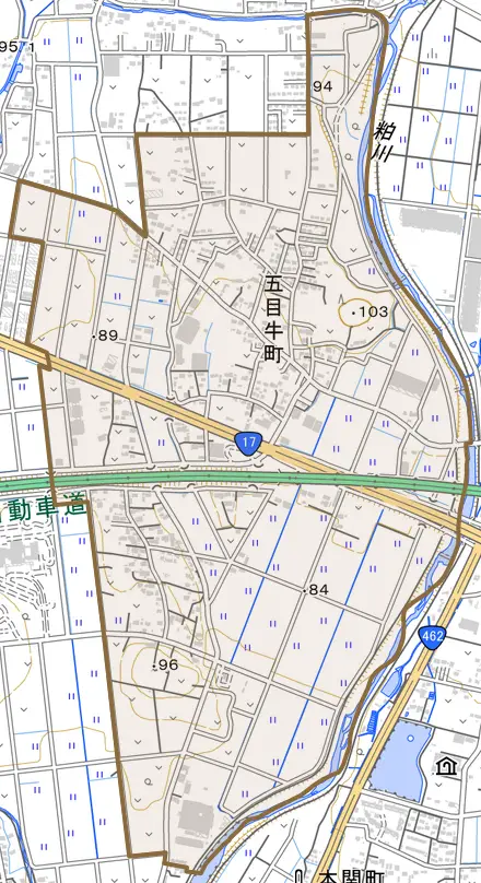 五目牛町とその周辺の地図。町の範囲を重ねている