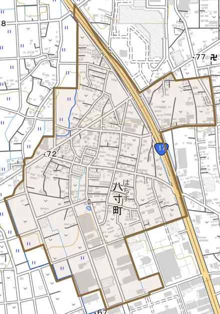 八寸町とその周辺の地図。町の範囲を重ねている