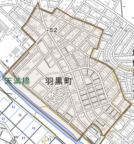 羽黒町とその周辺の地図。町の範囲を重ねている
