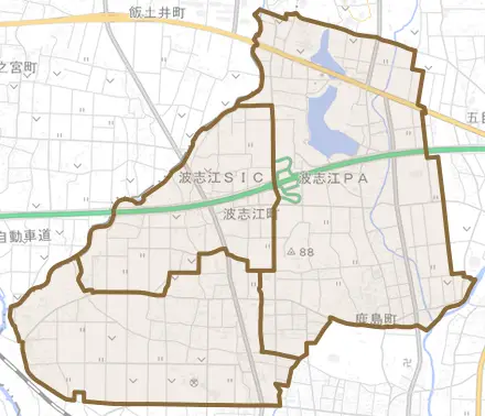 波志江町とその周辺の地図。町の範囲を重ねている