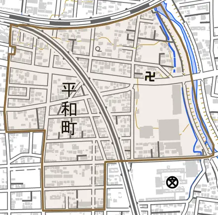 平和町とその周辺の地図。町の範囲を重ねている