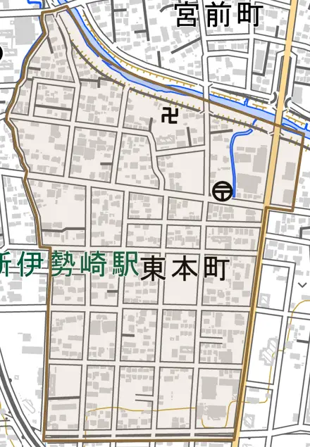 東本町とその周辺の地図。町の範囲を重ねている