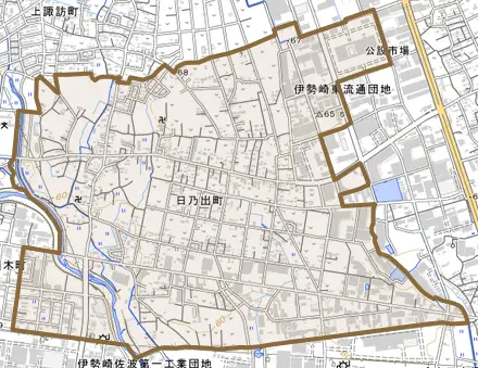 日乃出町とその周辺の地図。町の範囲を重ねている
