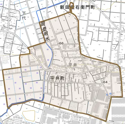 平井町とその周辺の地図。町の範囲を重ねている