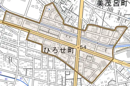 ひろせ町とその周辺の地図。町の範囲を重ねている