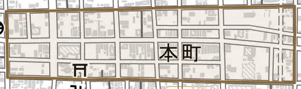 本町とその周辺の地図。町の範囲を重ねている