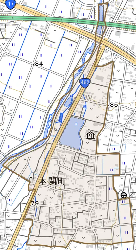 本関町とその周辺の地図。町の範囲を重ねている