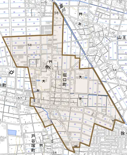 堀口町とその周辺の地図。町の範囲を重ねている