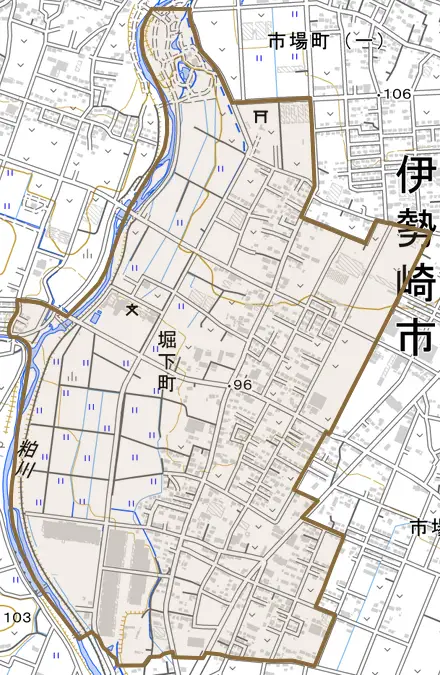 堀下町とその周辺の地図。町の範囲を重ねている