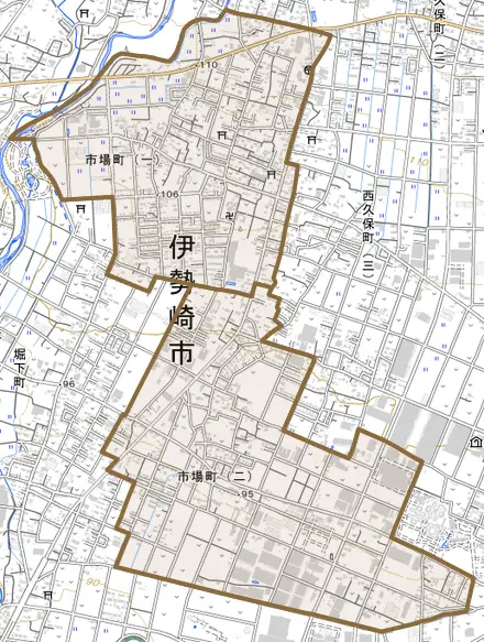市場町とその周辺の地図。町の範囲を重ねている