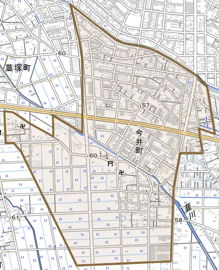 今井町とその周辺の地図。町の範囲を重ねている