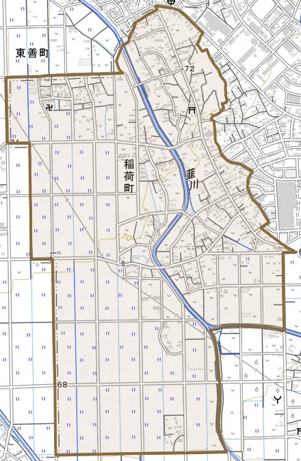 稲荷町とその周辺の地図。町の範囲を重ねている