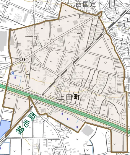 上田町とその周辺の地図。町の範囲を重ねている