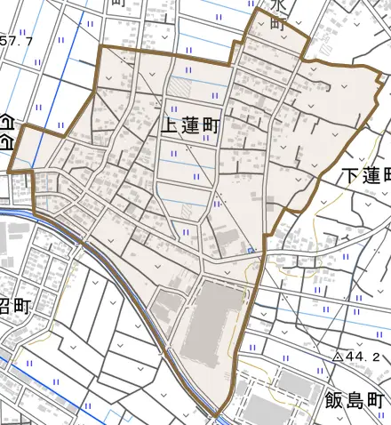 上蓮町とその周辺の地図。町の範囲を重ねている
