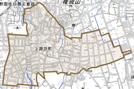 上諏訪町とその周辺の地図。町の範囲を重ねている