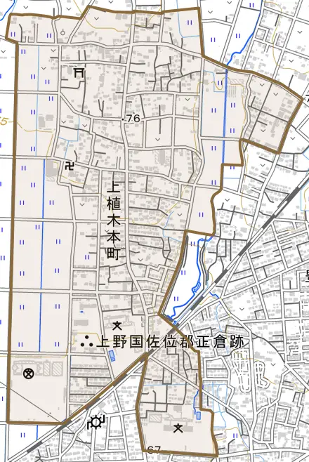 上植木本町とその周辺の地図。町の範囲を重ねている