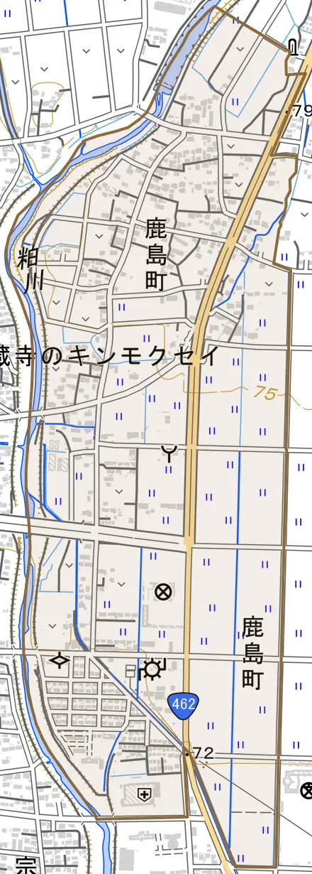 鹿島町とその周辺の地図。町の範囲を重ねている