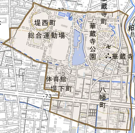 華蔵寺町とその周辺の地図。町の範囲を重ねている