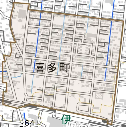 喜多町とその周辺の地図。町の範囲を重ねている