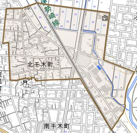北千木町とその周辺の地図。町の範囲を重ねている