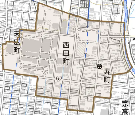 寿町とその周辺の地図。町の範囲を重ねている