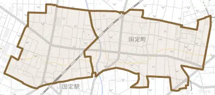 国定町とその周辺の地図。町の範囲を重ねている