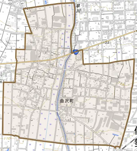 曲沢町とその周辺の地図。町の範囲を重ねている