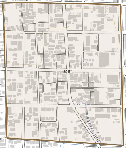 緑町とその周辺の地図。町の範囲を重ねている