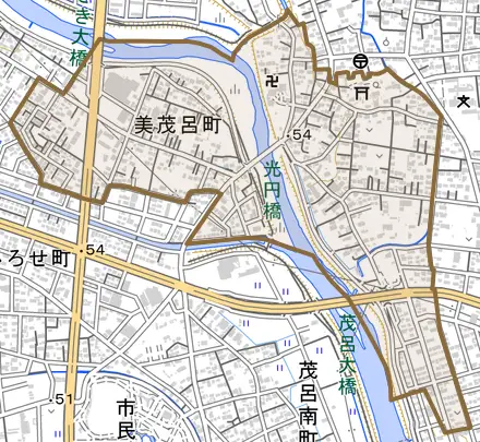 美茂呂町とその周辺の地図。町の範囲を重ねている