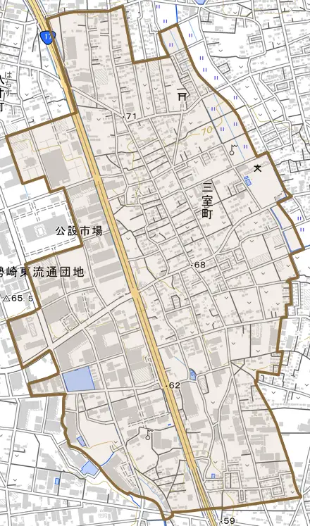 三室町とその周辺の地図。町の範囲を重ねている