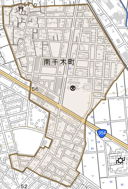 南千木町とその周辺の地図。町の範囲を重ねている
