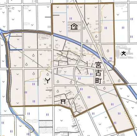 宮古町とその周辺の地図。町の範囲を重ねている