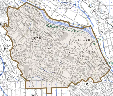 宮子町とその周辺の地図。町の範囲を重ねている