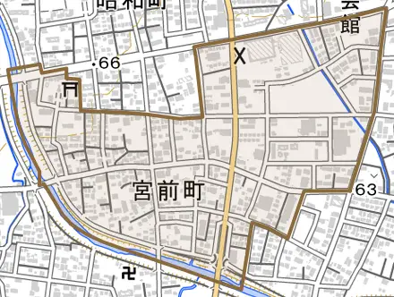 宮前町とその周辺の地図。町の範囲を重ねている