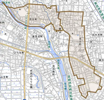茂呂町とその周辺の地図。町の範囲を重ねている