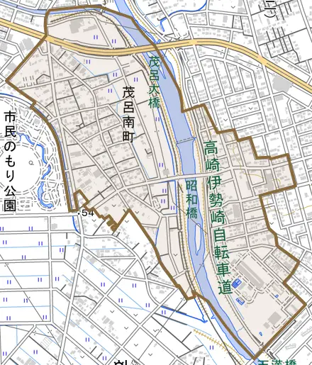 茂呂南町とその周辺の地図。町の範囲を重ねている