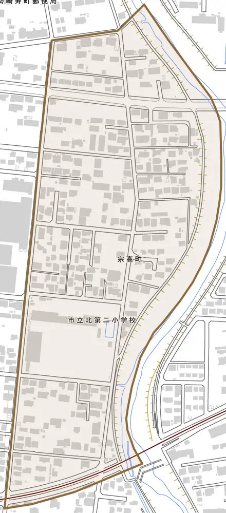 宗高町とその周辺の地図。町の範囲を重ねている