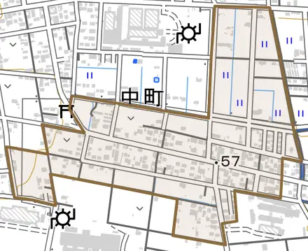 中町とその周辺の地図。町の範囲を重ねている