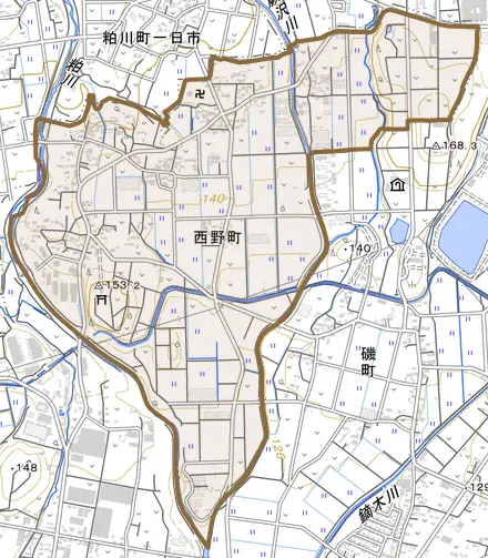 西野町とその周辺の地図。町の範囲を重ねている