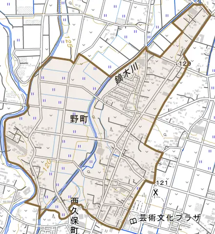 野町とその周辺の地図。町の範囲を重ねている