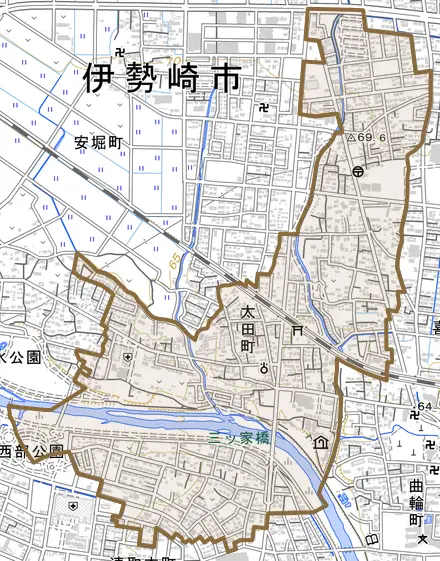 太田町とその周辺の地図。町の範囲を重ねている