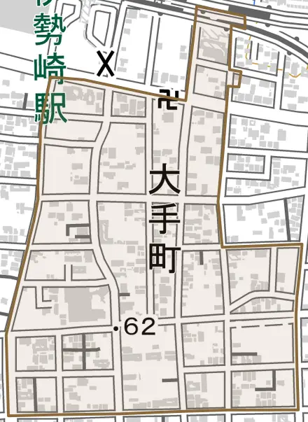 大手町とその周辺の地図。町の範囲を重ねている