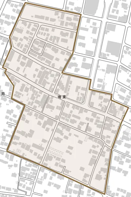 境東とその周辺の地図。町の範囲を重ねている