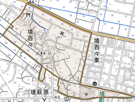 境百々とその周辺の地図。町の範囲を重ねている